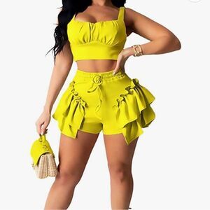 High waisted ruffled sexy shorts & crop top set - 2XL - yellow-ish- NEOT